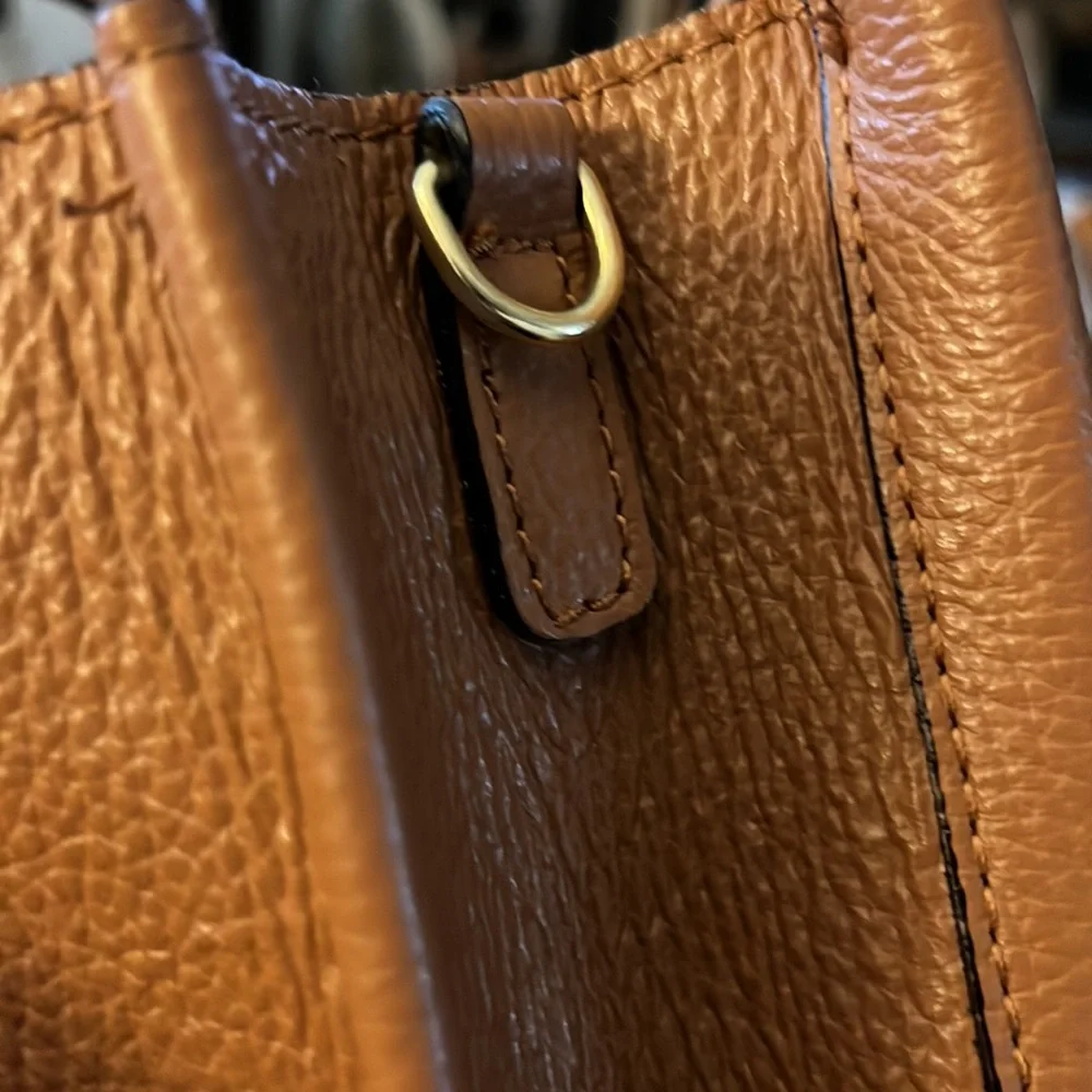 Vera Pelle Tan Brown Pebbled Leather Neutral Two Handle Tote Laptop Bag Purse